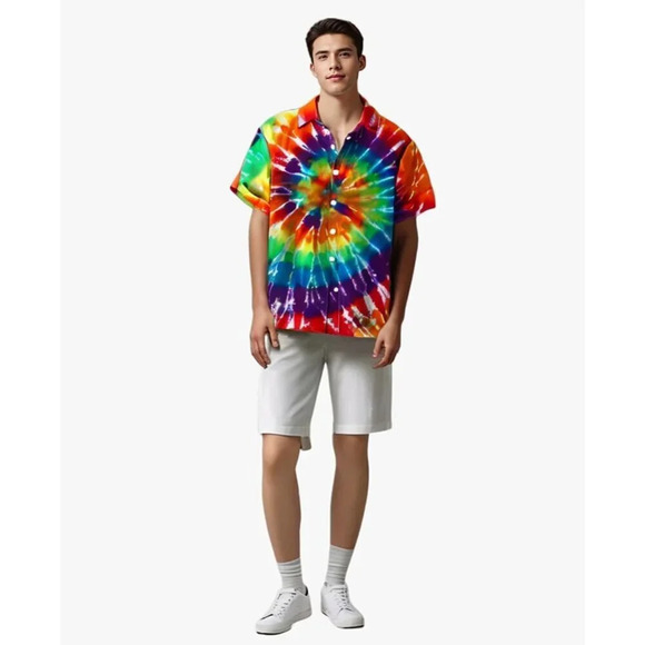 ❤️Men Rainbow Print Short Sleeve Hawaiian Fit Casual Button Down Beach Shirts - Picture 4 of 7